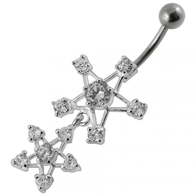 Doppel Pentagram beweglich, Bauchnabel Piercing , Echt Silber Anhänger,   mit 316L Chirurgenstahl Stab in 10 mm