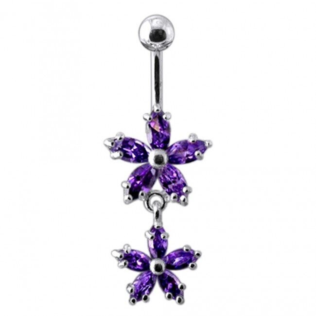 Doppel Blume beweglich, Bauchnabel Piercing , Echt Silber Anhänger,   mit 316L Chirurgenstahl Stab in 10 mm