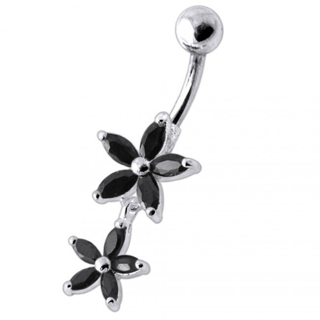 Doppelblume, Bauchnabel Piercing , Echt Silber Anhänger,   mit 316L Chirurgenstahl Stab in 10 mm