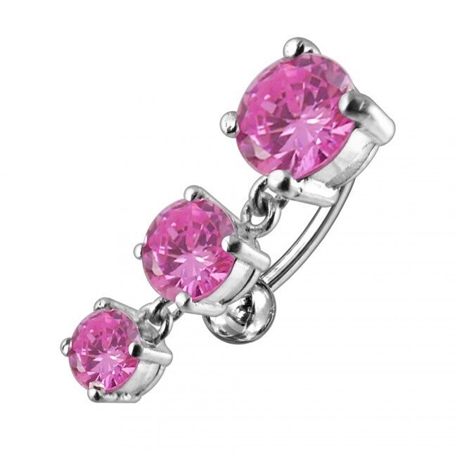Three Stone beweglich in Pink,  Upperside, Bauchnabel Piercing , Echt Silber Anhänger,   mit 316L Chirurgenstahl Stab in 10 mm