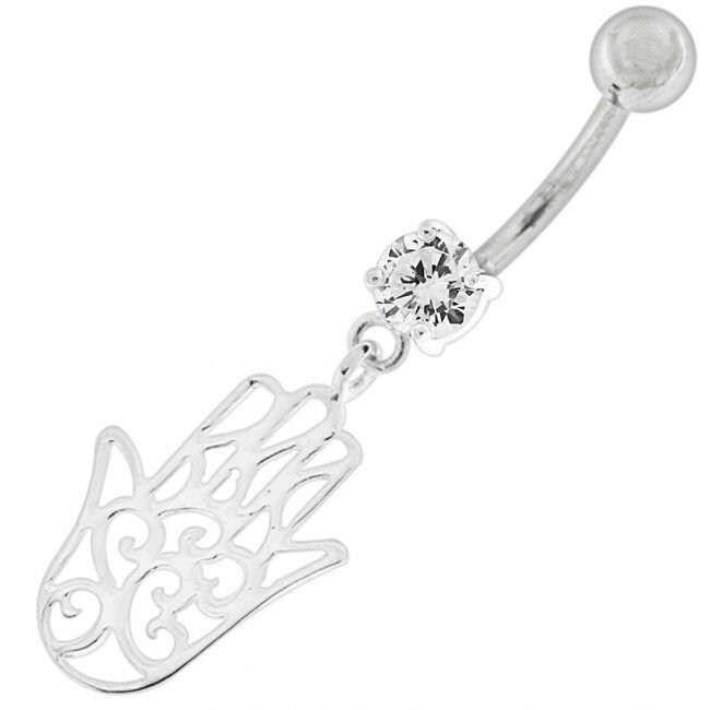 Hand von Fatima, Bauchnabel Piercing , Echt Silber Anhänger,   mit 316L Chirurgenstahl Stab in 8 mm