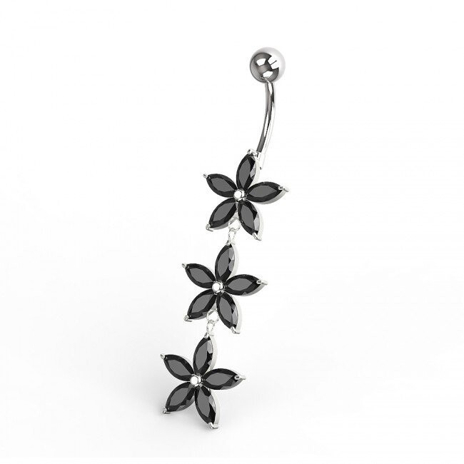 Dreifach Blume beweglich, Bauchnabel Piercing , Echt Silber Anhänger,   mit 316L Chirurgenstahl Stab in 10 mm