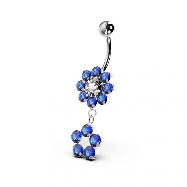 Fantasy Doppel Blume beweglich, Bauchnabel Piercing , Echt Silber Anhänger,   mit 316L Chirurgenstahl Stab in 10 mm
