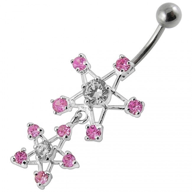 Doppel Pentagram beweglich, Bauchnabel Piercing , Echt Silber Anhänger,   mit 316L Chirurgenstahl Stab in 8 mm
