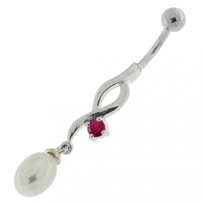 Echte Perle beweglich, Bauchnabel Piercing , Echt Silber Anhänger,   mit 316L Chirurgenstahl Stab in 8 mm