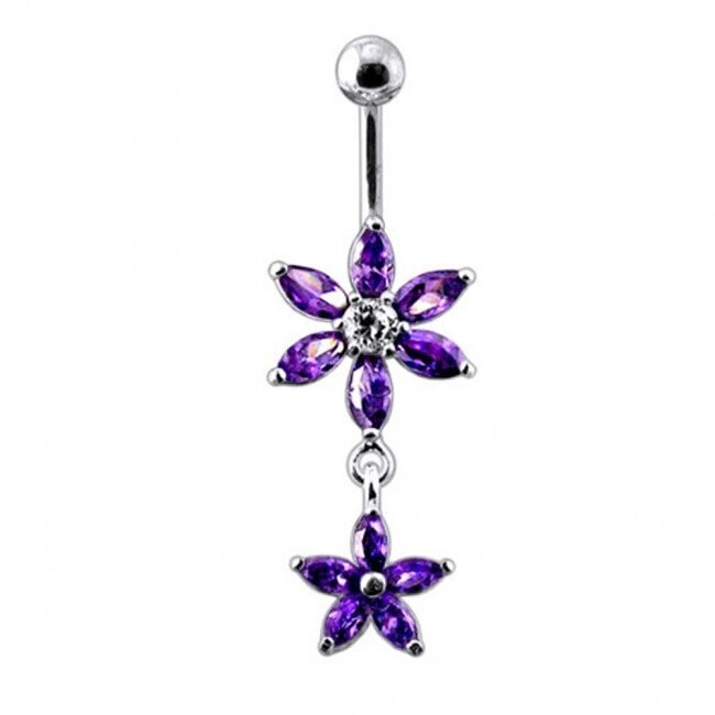 Doppel Blume beweglich, Bauchnabel Piercing , Echt Silber Anhänger,   mit 316L Chirurgenstahl Stab in 10 mm