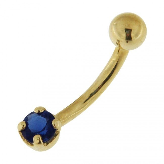 Echt Gold 14 Kt. Bauchnabelpiercing mit 4mm Zirkonia Stein und 4mm Echt Goldener Schraubkugel,  in Dunkelblau, Stab in 10 mm