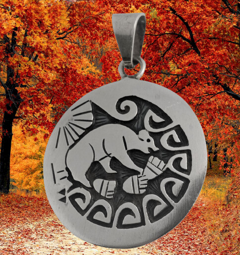 Indianerschmuck Bär mit Welle (Wasser) und Sonne Symbol, Sterling Silber 925