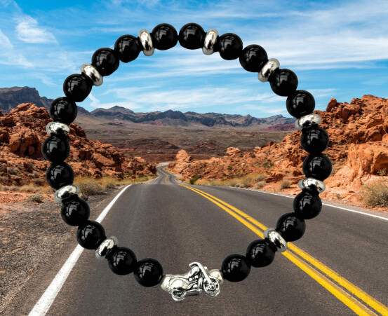Obsidian Armband mit 925 Echt Silber Motorrad Charm an elastischer Kette, Echt Stein Armband mit 10 Edelstahl Beads, 21 cm Länge...Männerarmband
