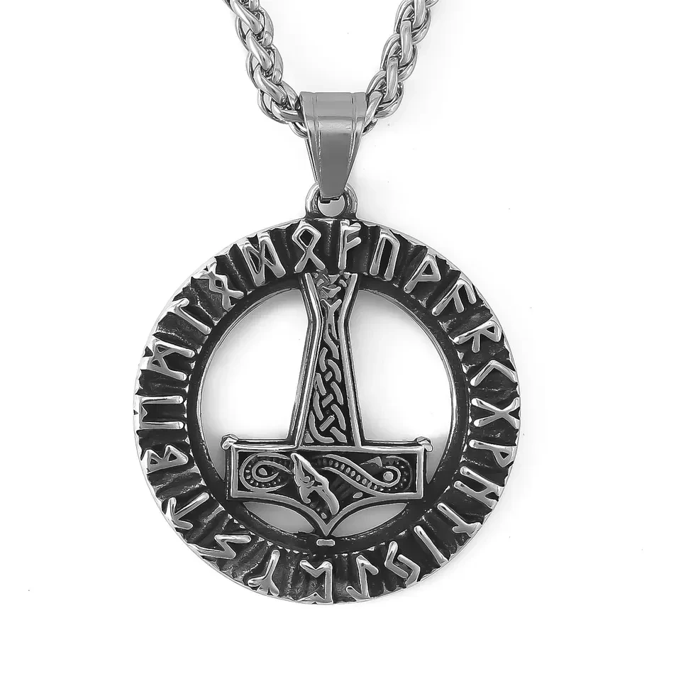Mjölnir, Thors Hammer mit dem Runen Alphabet an einer 60 cm langen Edelstahlkette. Massiv und schwer.