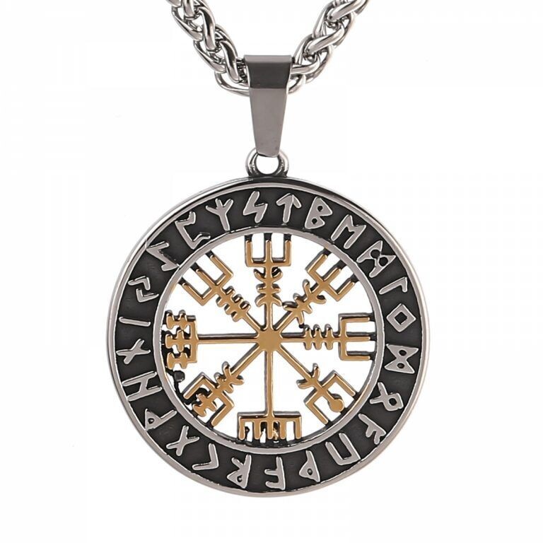 Vegvisir (Nordischer Kompass oder Wikinger Kompass) mit Runen an 60 cm langer Edelstahlkette