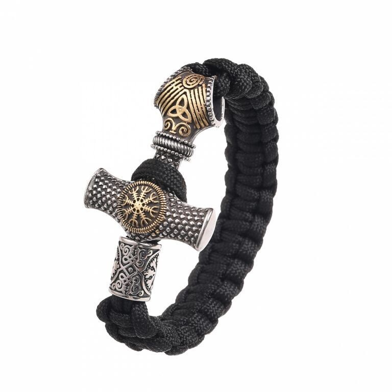 Mjölnir, Thors Hammer mit Vegvisir und Wikinger Ornamenten. Viking Collection, Edelstahl Armband aus Paracord