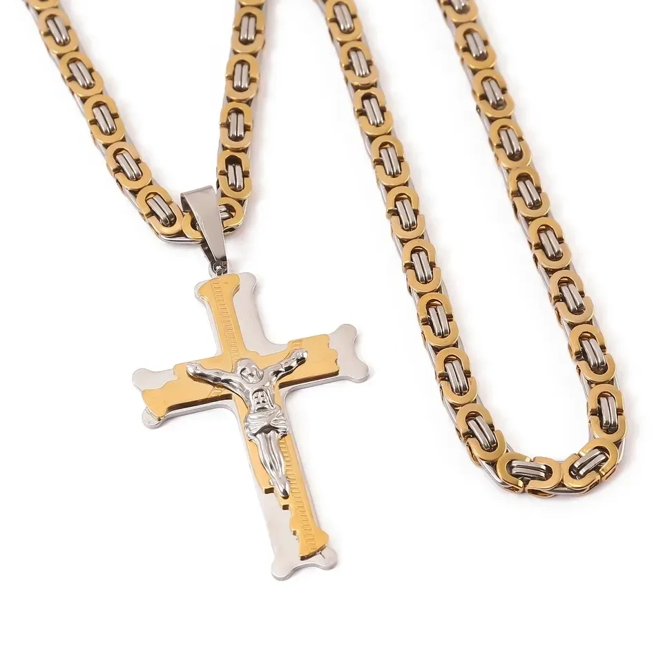 Kreuz Anhänger, gold / silber,  and einer 60cm langen Königskette, Edelstahl hochpoliert