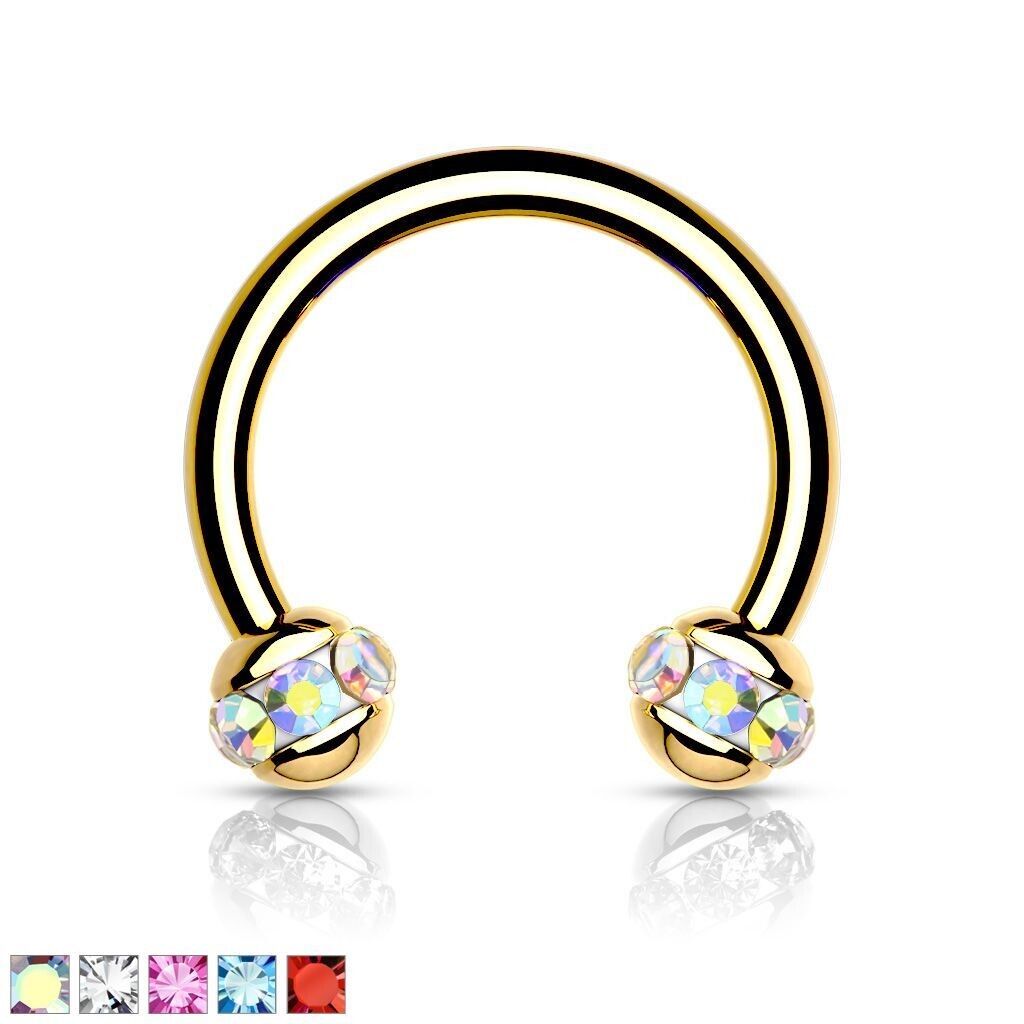 Hufeisen mit Kristallen, Tragus oder Helix Piercing  1,2 x 8mm, 316l Chirurgenstahl in Gold