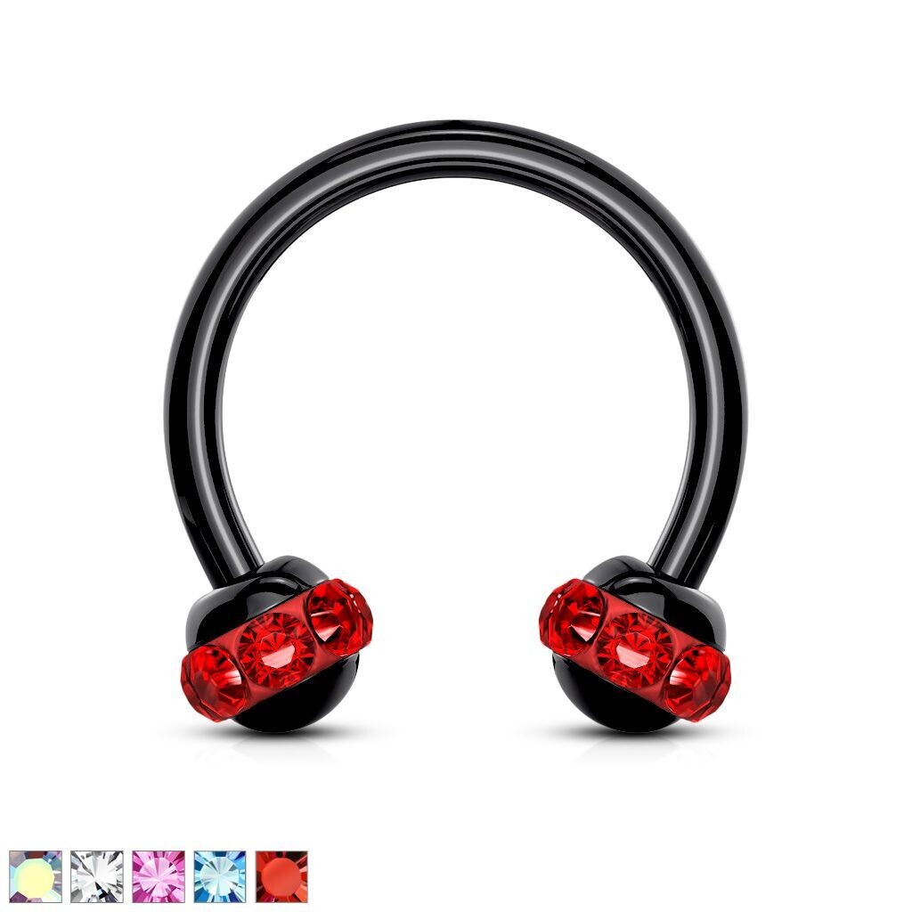 Hufeisen mit Kristallen, Tragus oder Helix Piercing  1,2 x 8mm, 316l Chirurgenstahl in Schwarz mit roten, blauen, weissen, regenbogen oder pinkenen Zirkonia Steinen