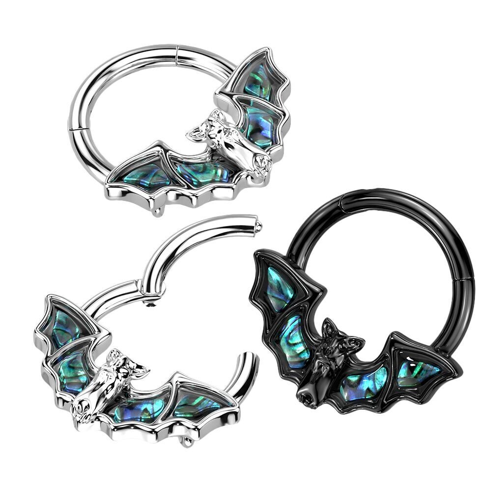 Batman Hufeisenin Silber oder Schwarz mit Kristallen, Tragus oder Helix Piercing  1,2 x 8mm, 316l Chirurgenstahl