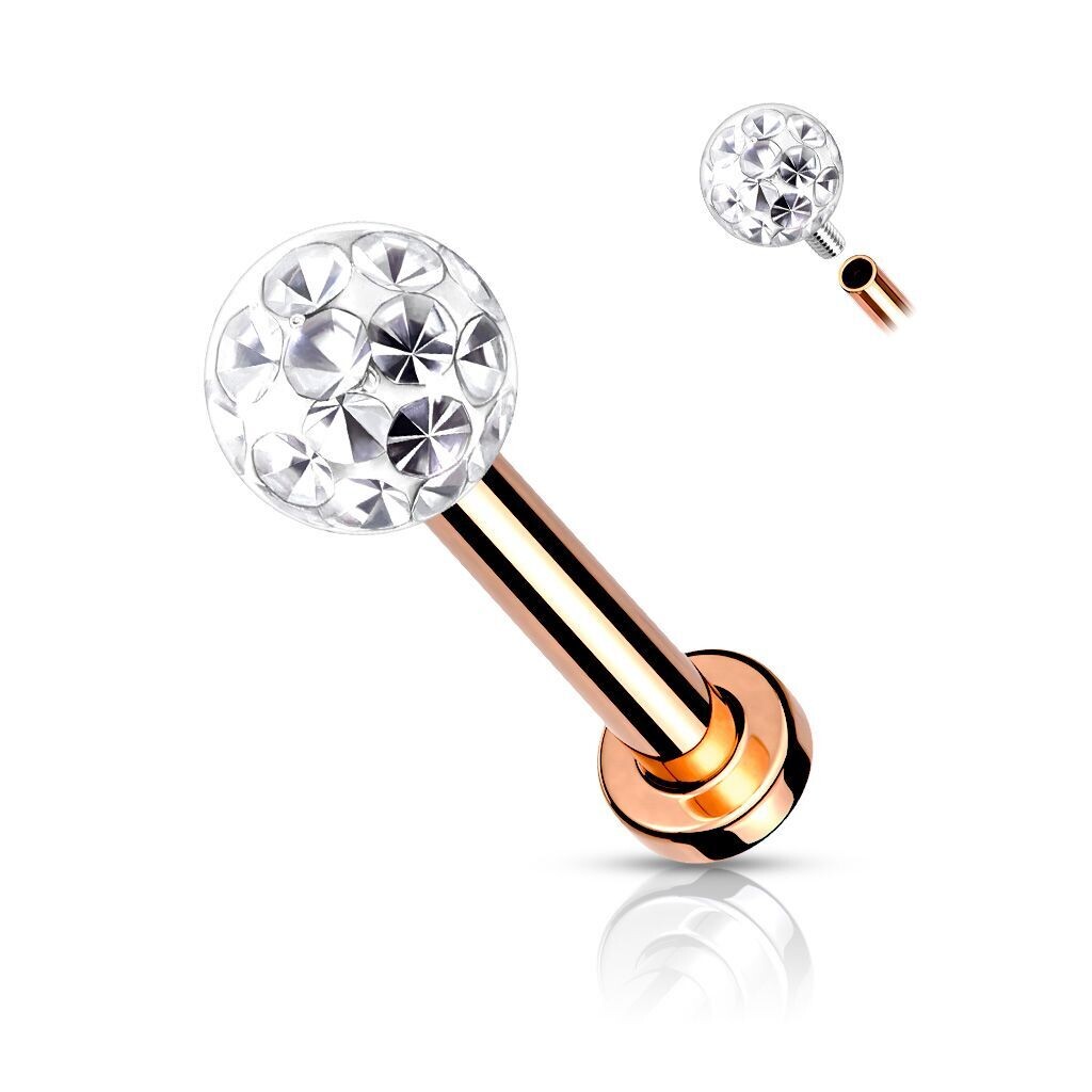 Labret mit Innen oder Aussengewinde,  in Silber, Schwarz oder Gold  mit Epoxy Kristallen, die Swarovski Kugel ist zum Schrauben die Platte ist fest. Tragus, Helix, Ohr  1,2 x 6mm, 316l Chirurgenstahl