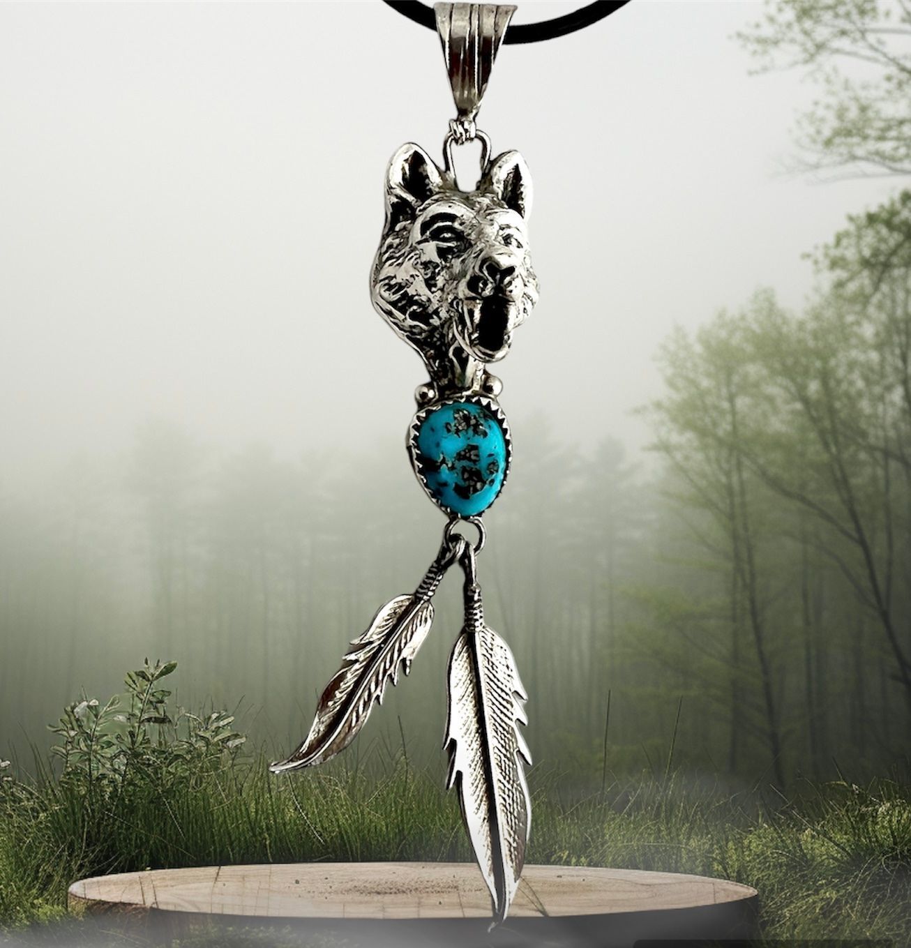 Indianerschmuck Wolfskopf mit Türkis und Federn...Navajo Echt Silber Anhänger aus den USA