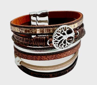 Breites Lebensbaum Armband, mit raffiniertem Magnetverschluss, PU Leder in Braun mit Muster, länge ca. 19cm, breite 37mm