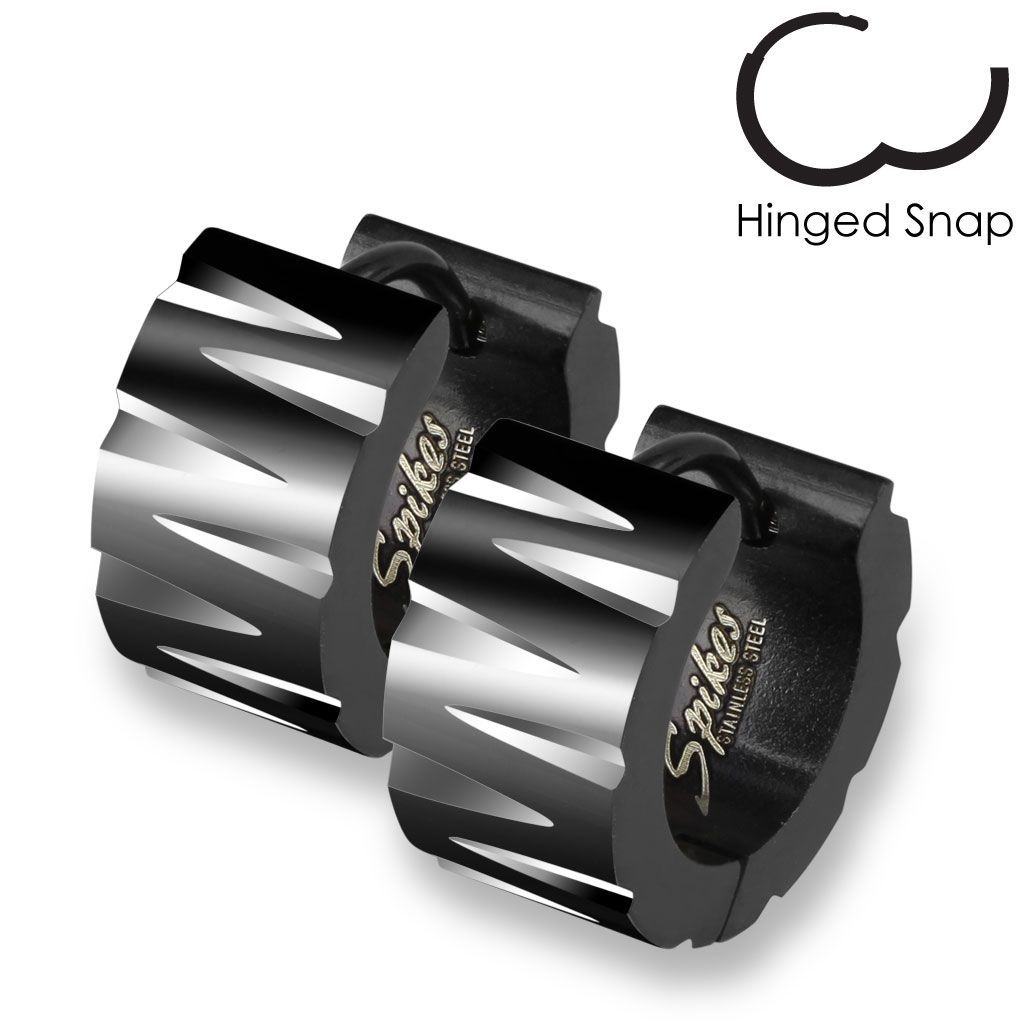 Schwarze Tribal Inspired Edelstahl Klappcreolen, 316L Chirurgenstahl, Paarpreis