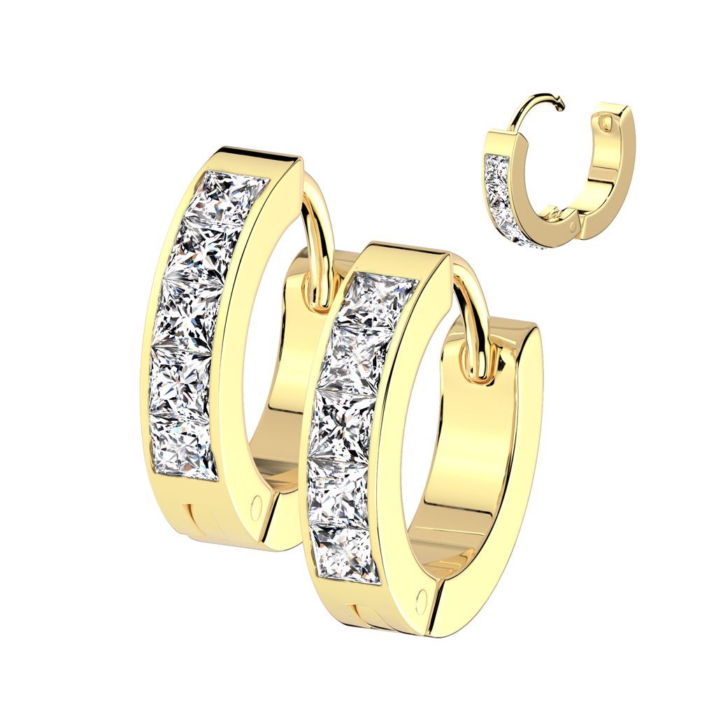 Goldene Edelstahl Klappcreolen mit Zirkonia CC, 316L Chirurgenstahl, Paarpreis