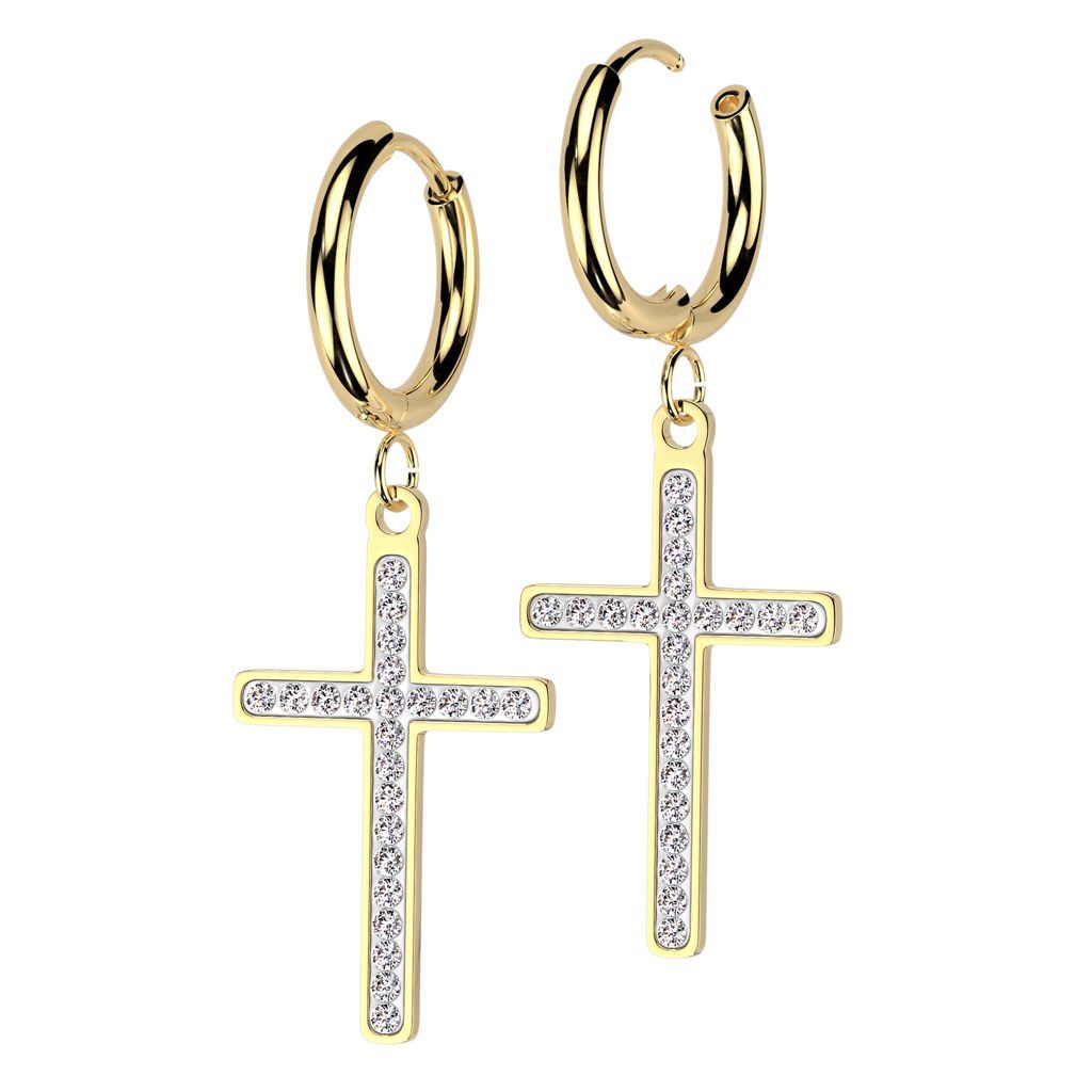Goldene Edelstahl Klappcreolen mit beweglichem Kreuz und Zirkonia CC, 316L Chirurgenstahl, Paarpreis