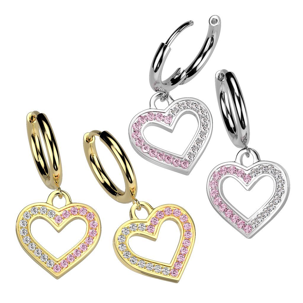 Herz Edelstahl Klappcreolen mit beweglichen Herzen und Zirkonia CC in Silber oder Gold, 316L Chirurgenstahl, Paarpreis