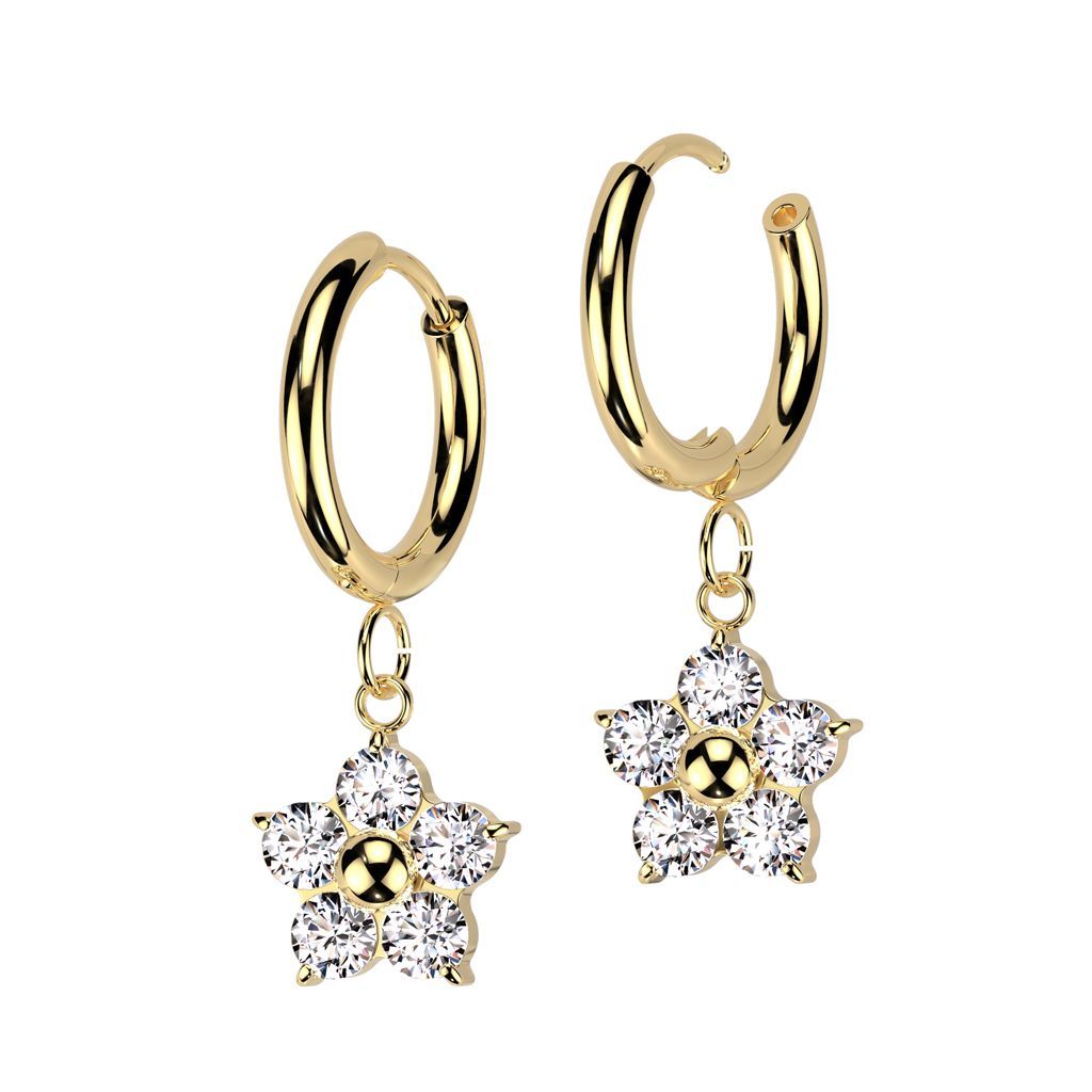 Goldene Edelstahl Klappcreolen mit beweglicher Blume und Zirkonia CC, 316L Chirurgenstahl, Paarpreis