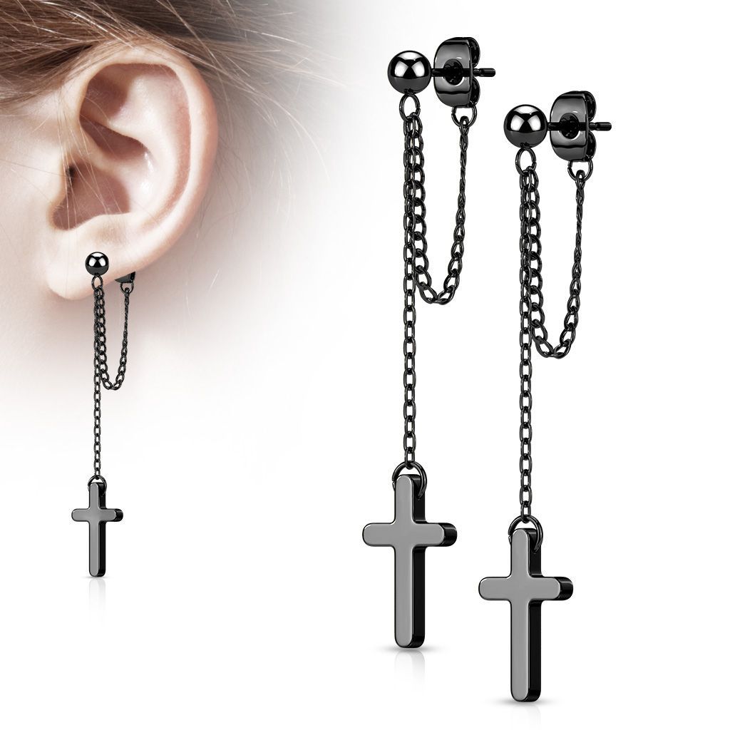 Schwarze Kreuz Ohrstecker mit Ketten aus Edelstahl, 316L Chirurgenstahl, Paarpreis
