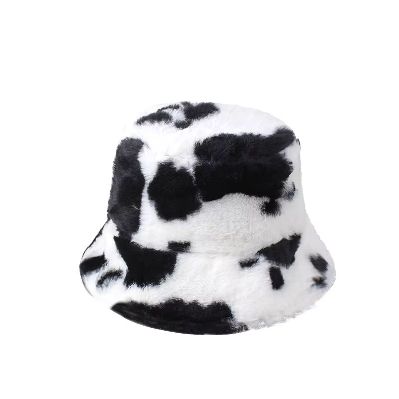 Kuh Schwarz,  Bucket Hut, Eimer Mütze mit Kuh Motiv in schwarz/weiss gefleckt mit Hutband (Grössenverstellbar), flauschig