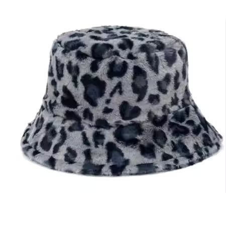 Leopard Grau,  Bucket Hut, Eimer Mütze mit Leoparaden Motiv in Grau/Schwarz mit Hutband (Grössenverstellbar), flauschig