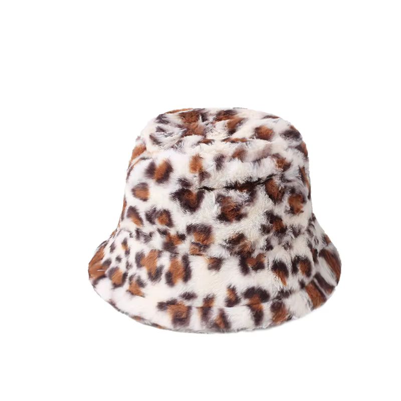 Leopard Weiss,  Bucket Hut, Eimer Mütze mit Leoparaden Motiv in Weiss/Braun mit Hutband (Grössenverstellbar), flauschig