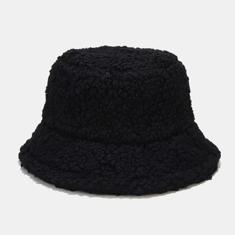 Lammfell-Optik  Schwarz,  Bucket Hut, Eimer Mütze mit Lammfell-Optik in Schwarz mit Hutband (Grössenverstellbar), flauschig