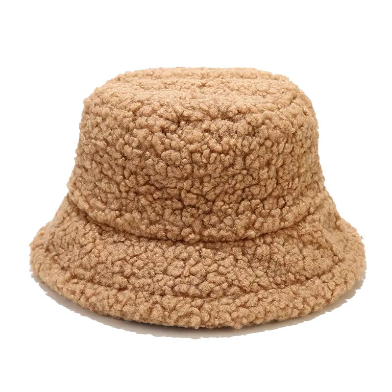 Lammfell-Optik  Khaki,  Bucket Hut, Eimer Mütze mit Lammfell-Optik in Khaki mit Hutband (Grössenverstellbar), flauschig
