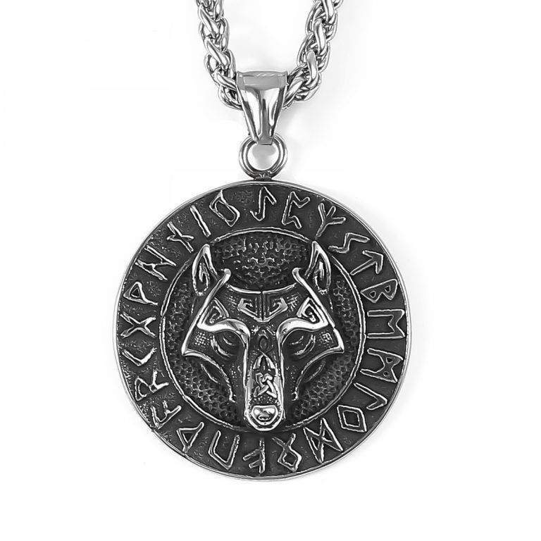 Fenrir (Wikinger Wolf) mit Runen, Viking Pendant, Wikinger Anhänger an einer 60 cm langen hochwertigen Edelstahlkette.