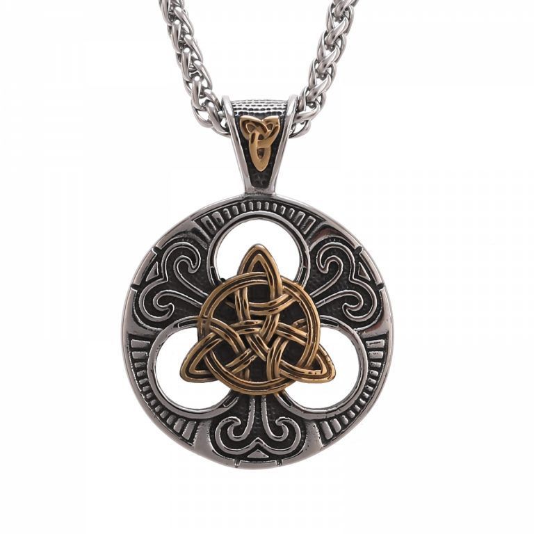 Trisquetta, Triskele mit keltischen Knoten, Anhängeraus Edelstahl in silber und gold,  mit einer 60cm langen hochwertigen Edelstahlkette
