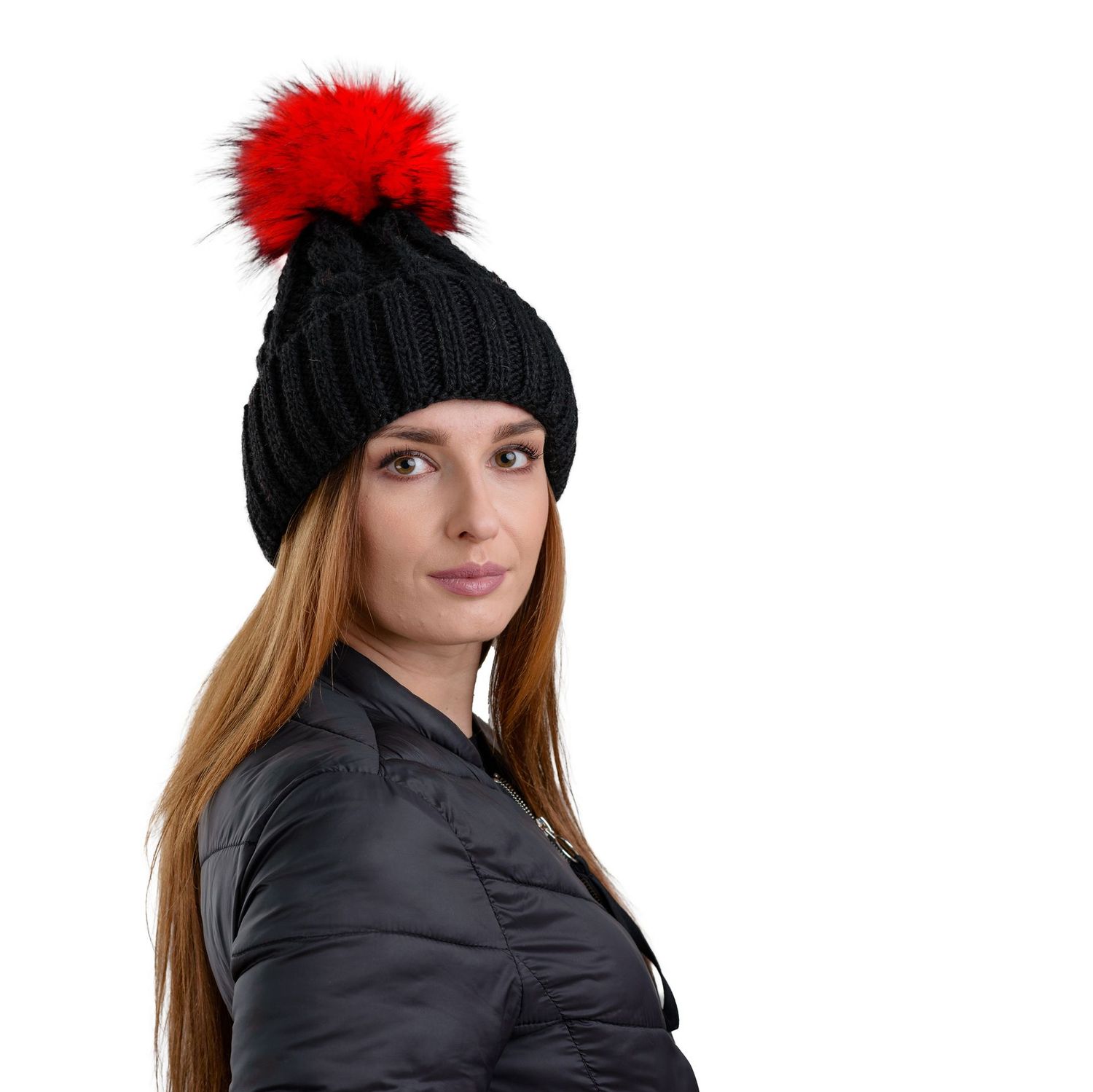 Bommelmütze in schwarz mit grossem roten Bommel, Handarbeit
