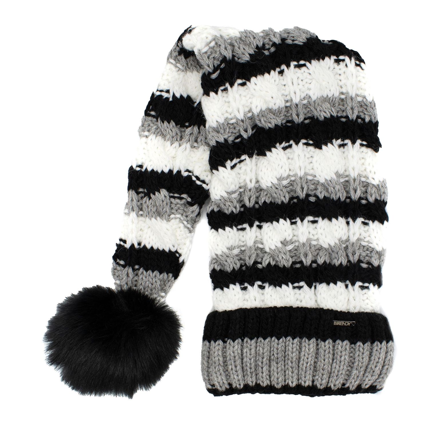 Zipfelmütze, Nikolausmütze,  Schwarz-Weiss gestreift mit schwarzem Bommel, Wintermütze mit großem Fellbommel aus Fellimitat. Extra Lang mit weichem Fleece abgefüttert, Handarbeit