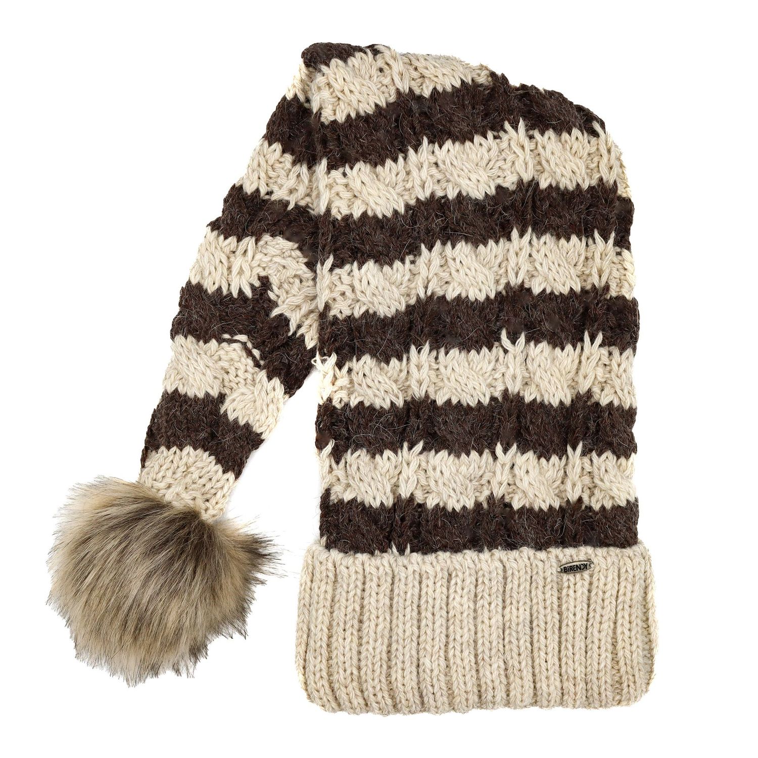 Zipfelmütze, Nikolausmütze,  Beige gestreift  mit beigenem Bommel, Wintermütze mit großem Fellbommel aus Fellimitat. Extra Lang mit weichem Fleece abgefüttert, Handarbeit