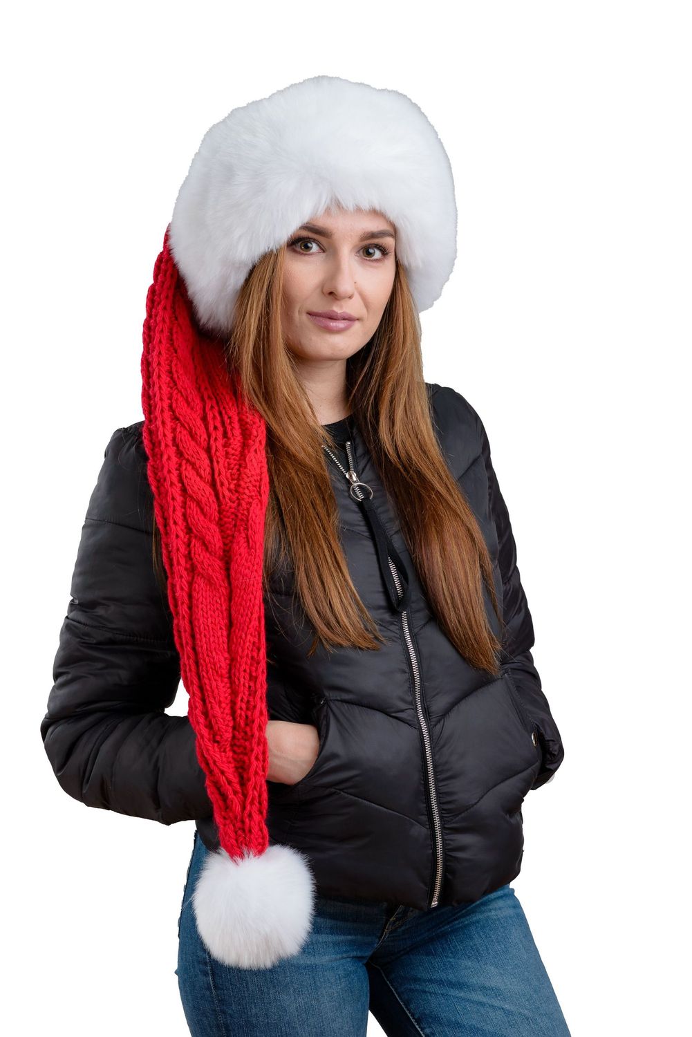 Zipfelmütze, Nikolausmütze,  Rot  mit weissem Fellrand und grossem weissem Bommel, Wintermütze mit großem Fellbommel aus Fellimitat. Extra Lang mit weichem Fleece abgefüttert, Handarbeit