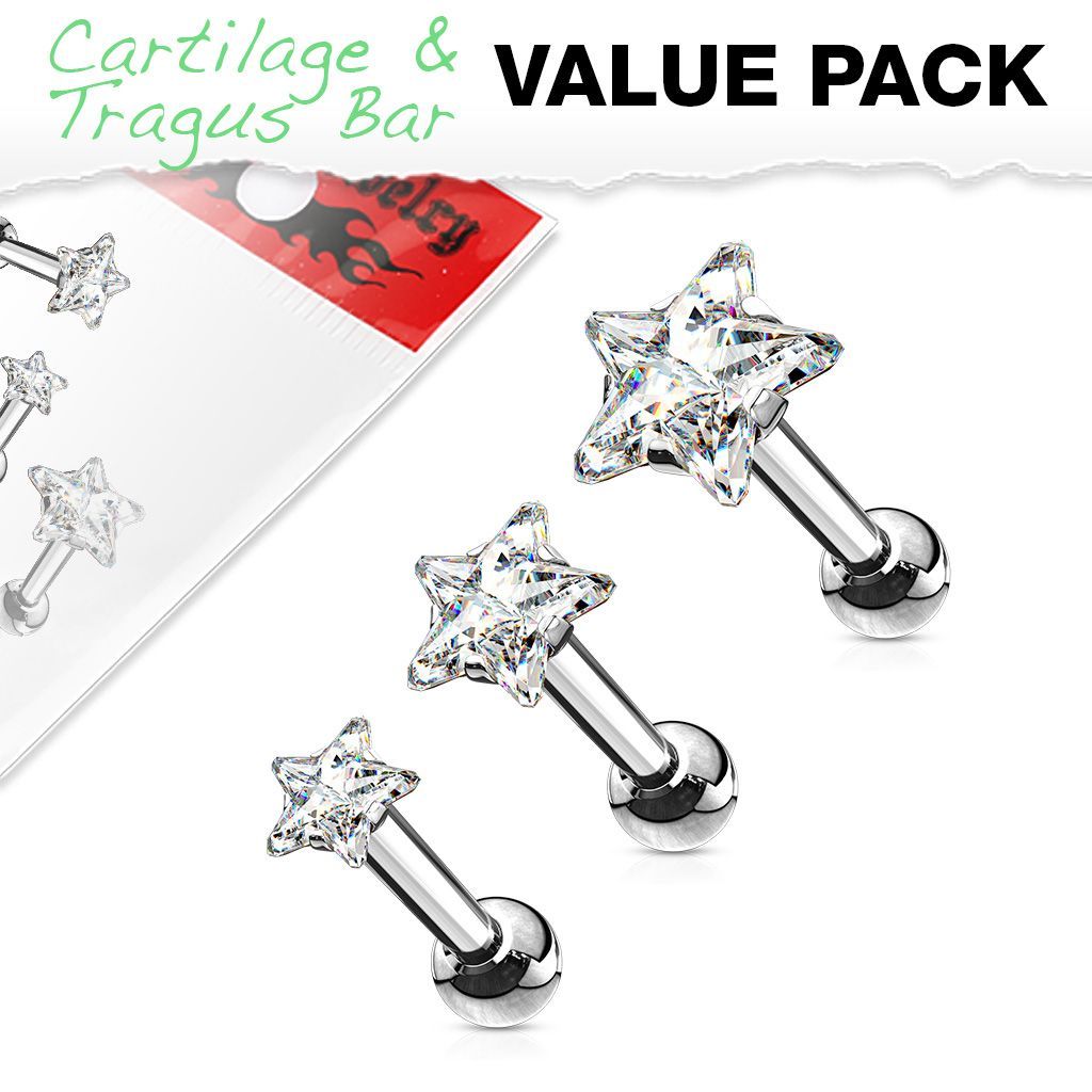 3 Zirkonia Stern Stecker in 3 verschiedenen Grössen, Zirkonia Stecker für Tragus, Helix, oder als normaler Ohrring 1,2 x 6mm, 316l Chirurgenstahl