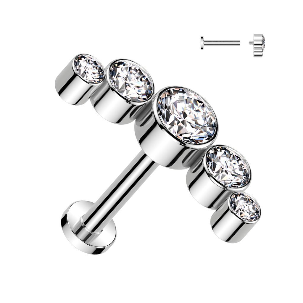 5 Stein Labret in weiss (Crystal Clear), Titan Stecker als Blumen Motiv, Stecker für Tragus, Helix  oder als normaler Ohrring 1,2 x 6mm, Titan (Implant Grade Titanium)