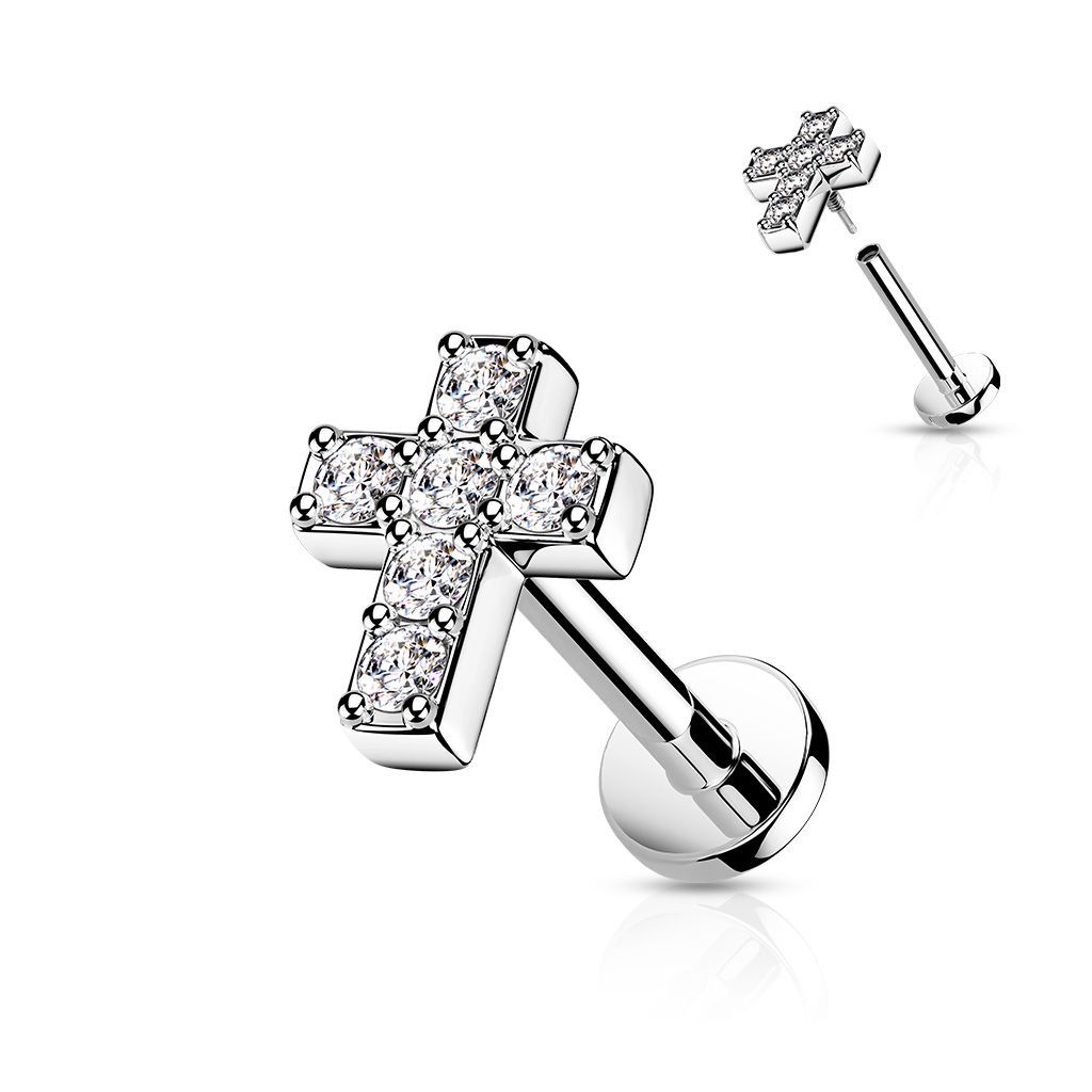 Kreuz Labret mit Zirkonia,  für Tragus, Helix, Oberlippe oder Unterlippe 1,2mm x 6mm, 316L Chirurgenstahl