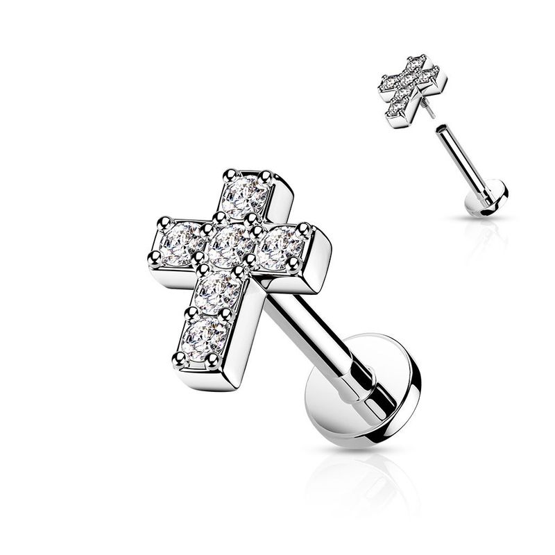 Kreuz Labret mit Zirkonia,  für Tragus, Helix, Oberlippe oder Unterlippe 1,2mm x 6mm, 316L Chirurgenstahl
