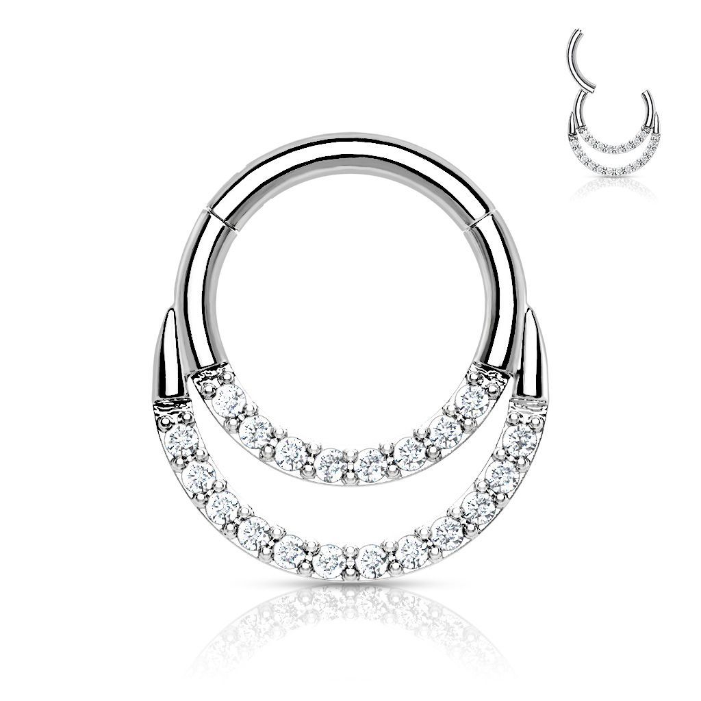 Doppel Linien Clicker mit Zirkonia, Hinge, für Septum, Tragus oder Helix, 1,2mm x 8mm, 316L Chirurgenstahl