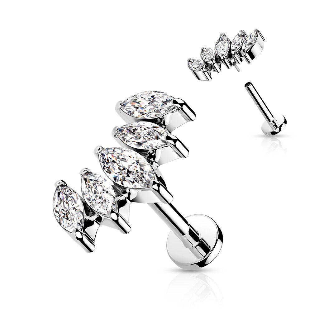 5 Stein Labret  gebogen mit Zirkonia,  für Tragus, Helix, Oberlippe oder Unterlippe 1,2mm x 6mm oder 8mm, 316L Chirurgenstahl