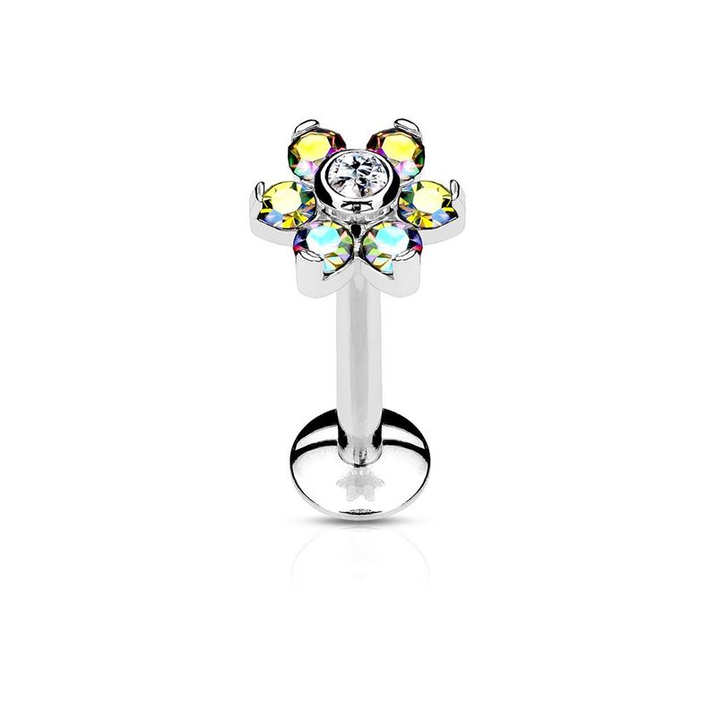 BlumenLabret  mit Zirkonia,  für Tragus, Helix, Oberlippe oder Unterlippe 1,2mm x 6mm oder 8mm, 316L Chirurgenstahl