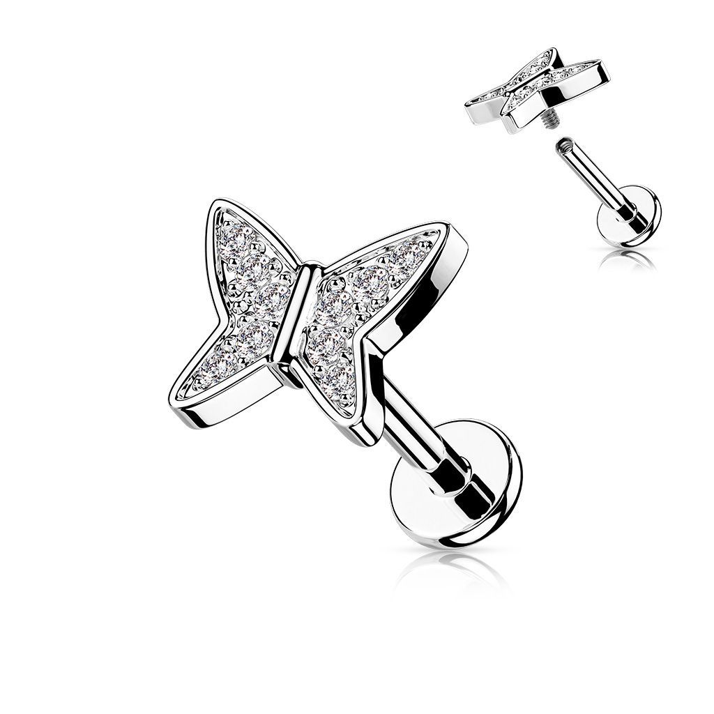 Schmetterling Labret, Butterfly mit Zirkonia,  für Tragus, oder Helix , 1,2mm x 6mm, 316L Chirurgenstahl