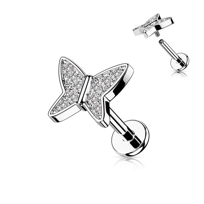 Schmetterling Labret, Butterfly mit Zirkonia,  für Tragus, oder Helix , 1,2mm x 6mm, 316L Chirurgenstahl