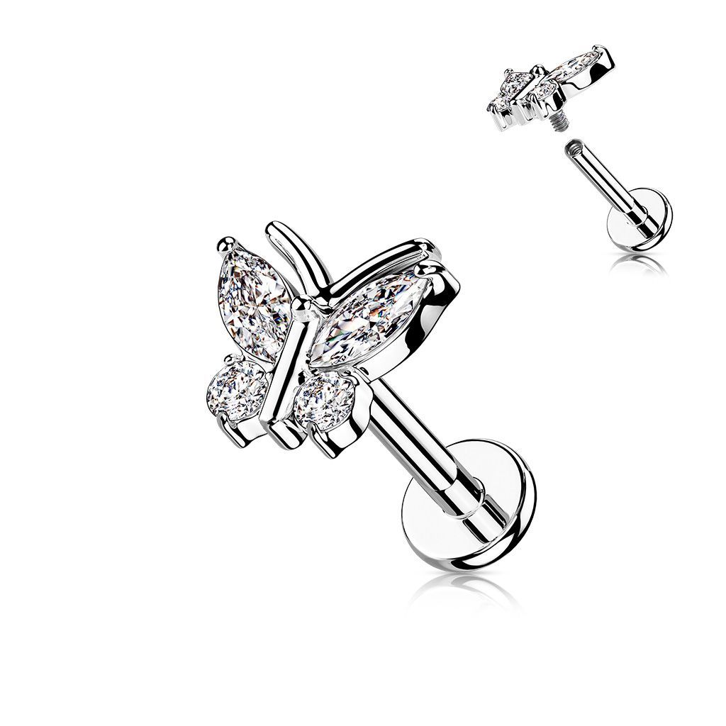 Schmetterling Labret, Butterfly mit Zirkonia,  für Tragus, oder Helix , 1,2mm x 6mm, 316L Chirurgenstahl